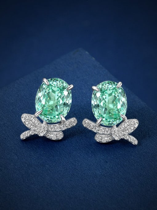 Synthetic Paraiba green [e 2582] 925 Sterling Silver High Carbon Diamond Green Geometric Luxury Stud Earring